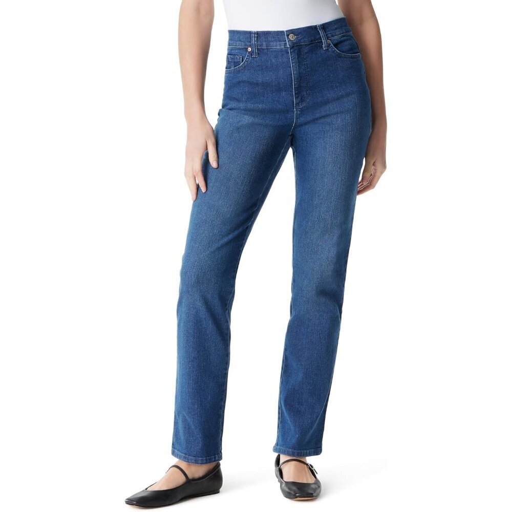 Womens Classic High Rise Tapered Jean Petite Cotton Blend Zipper Closure